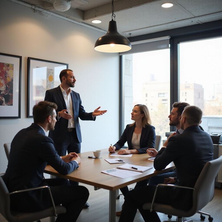 Business meeting in a modern office, with one man presenting to four seated colleagues around a table.
