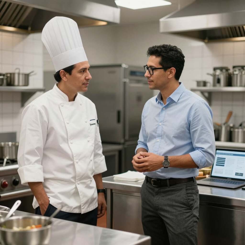 Chef talking with a man in a stainless-steel kitchen, with a laptop on the counter.