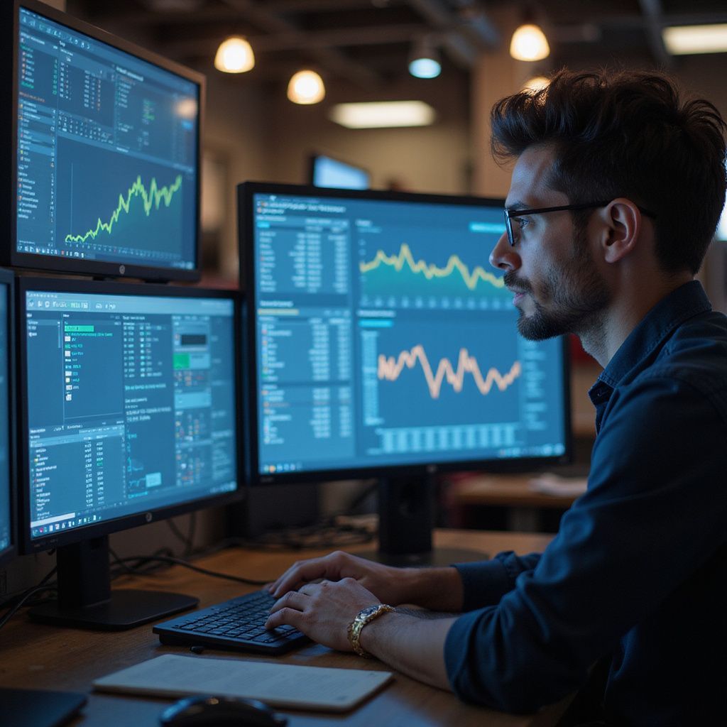 Man analyzing stock charts on multiple monitors in a dimly lit trading workspace