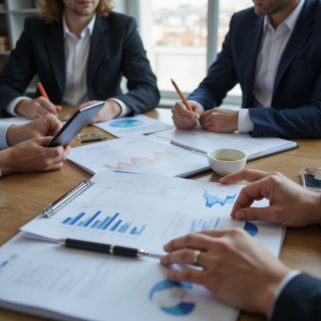 Business meeting with people reviewing charts and financial documents around a conference table.