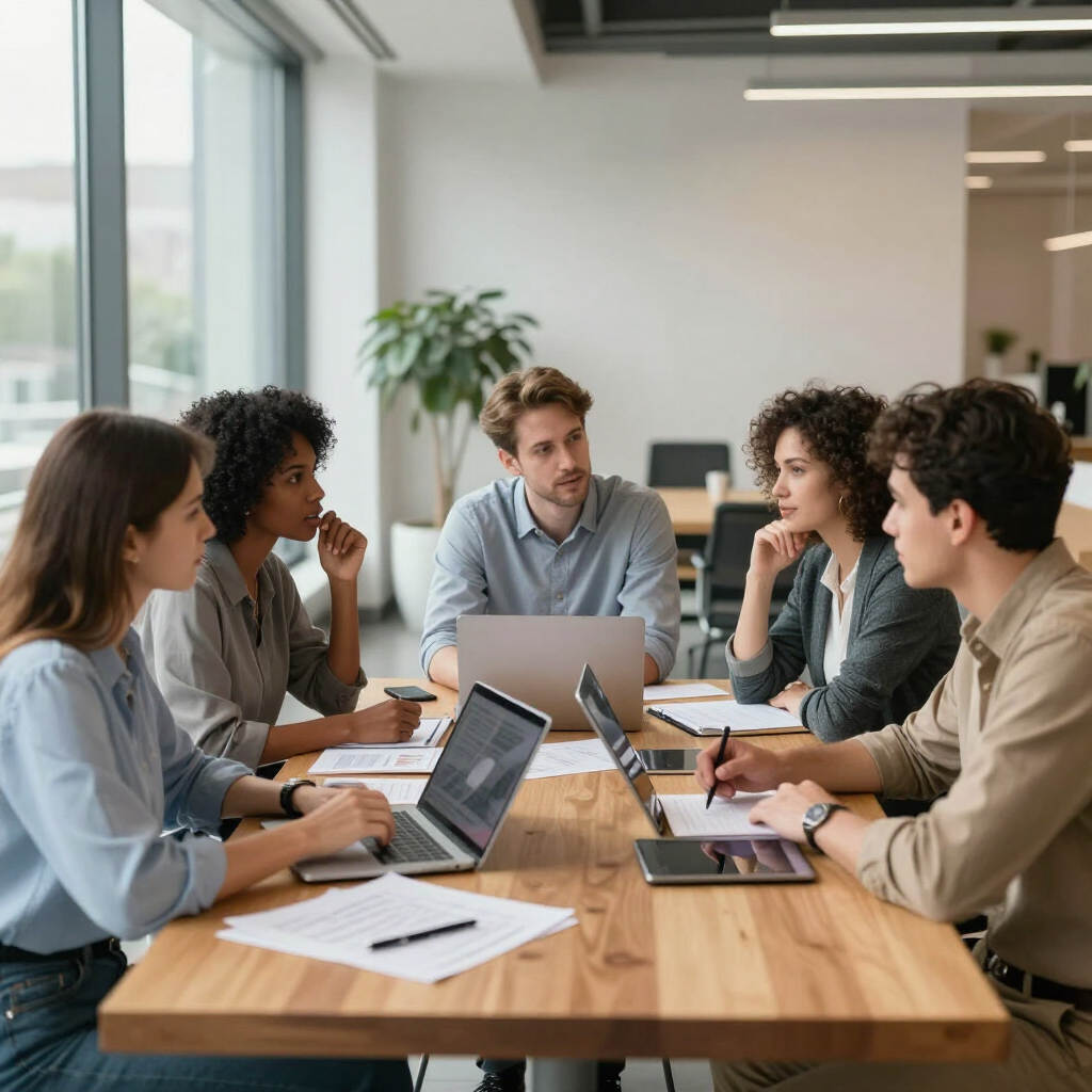Colleagues in a meeting around a wooden table, discussing laptops and notes in a bright office.