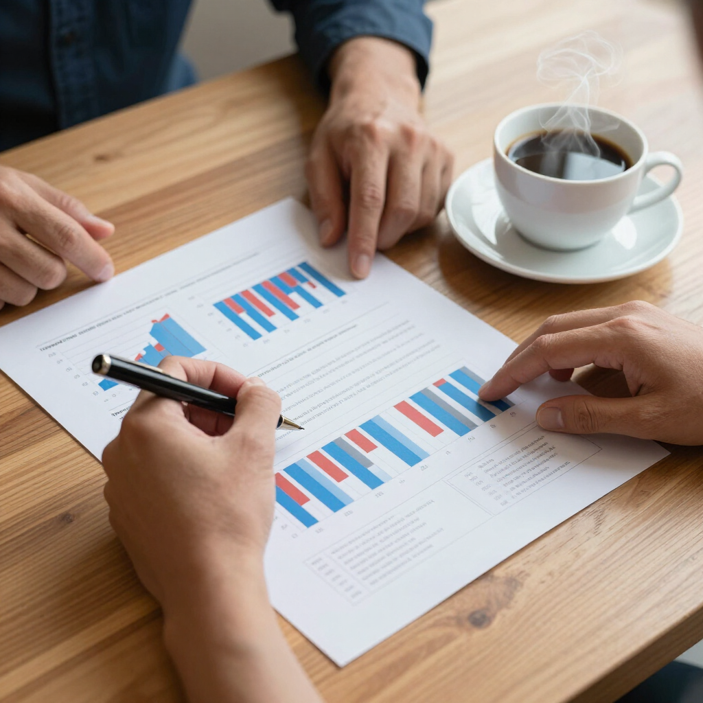 Hands reviewing printed bar charts on a wooden table beside a cup of coffee