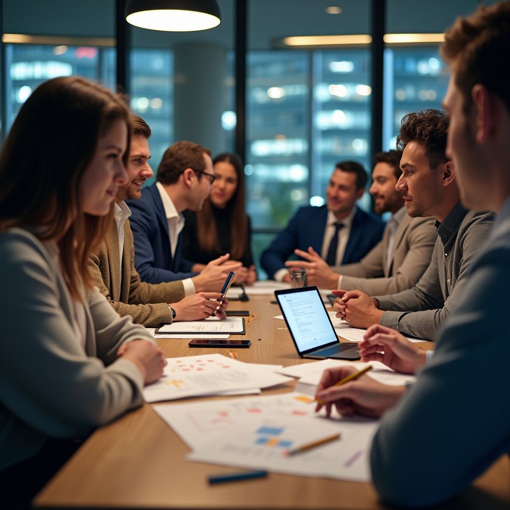 People in a glass-walled conference room meeting around a long table with documents and a laptop.