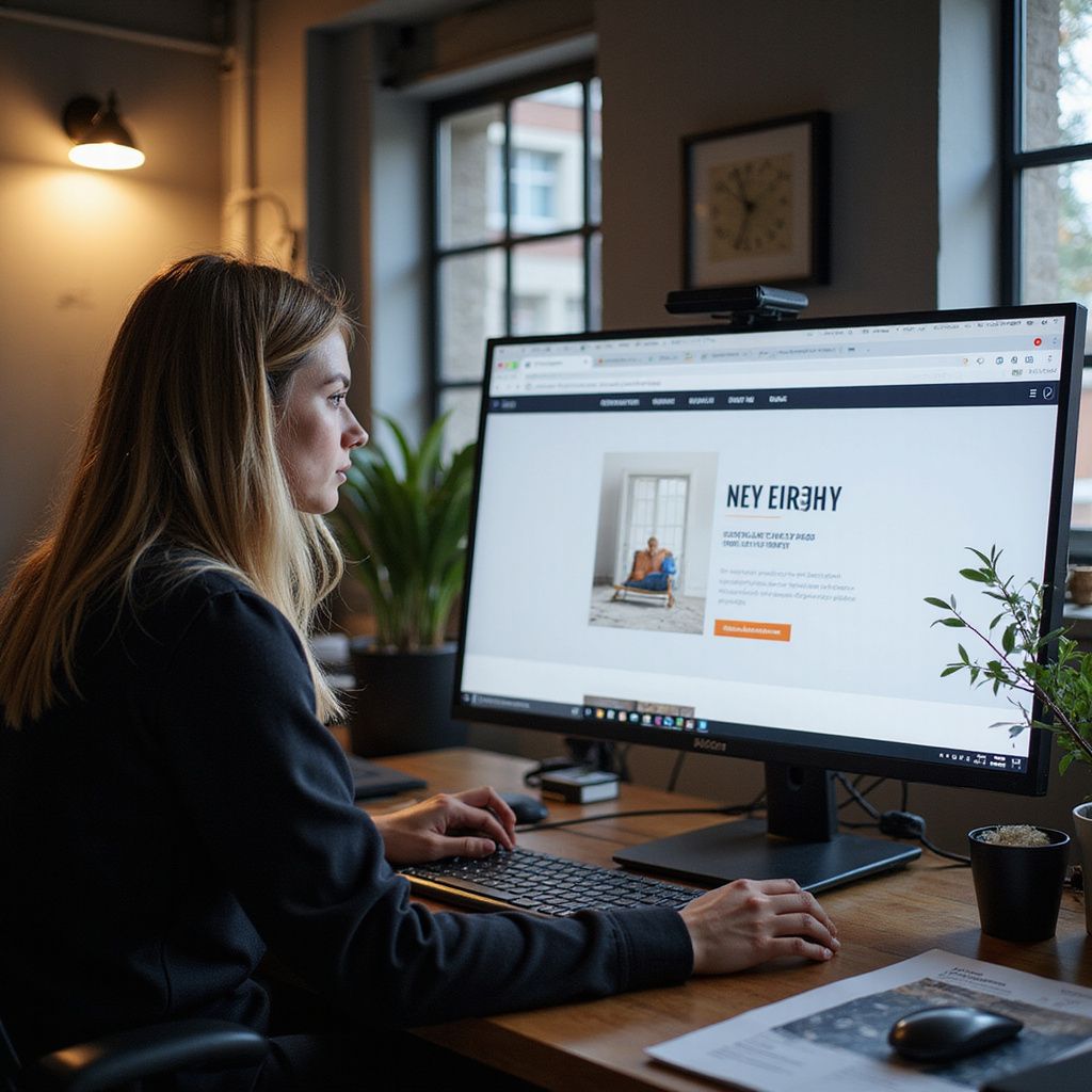 Person working at a desktop computer in a dim home office, viewing a website on screen.