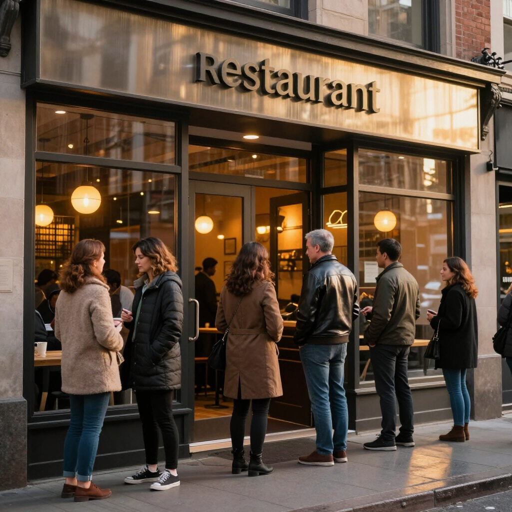 People standing in line outside a warmly lit restaurant storefront at dusk