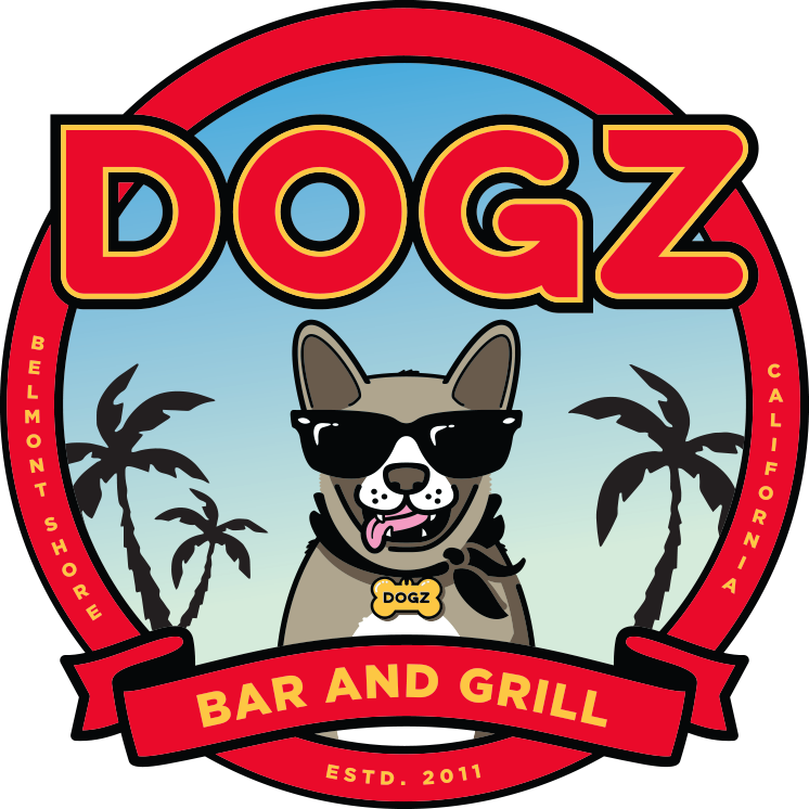 DOGZ Bar and Grill logo with sunglasses-wearing dog, palm trees, red badge, and yellow text