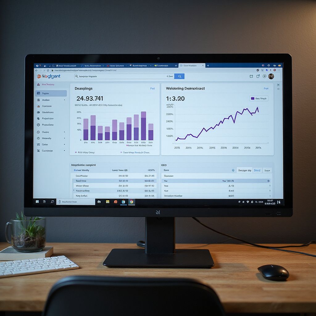 Desktop monitor showing an analytics dashboard with purple bar and line charts on a desk with keyboard and mouse