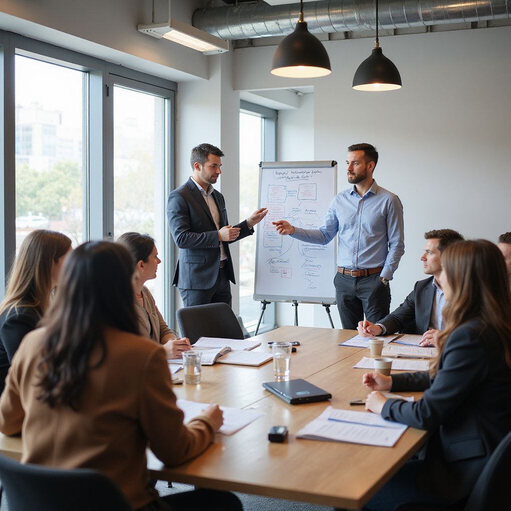 Team meeting in a bright conference room, with two presenters at a whiteboard and colleagues seated around a table.