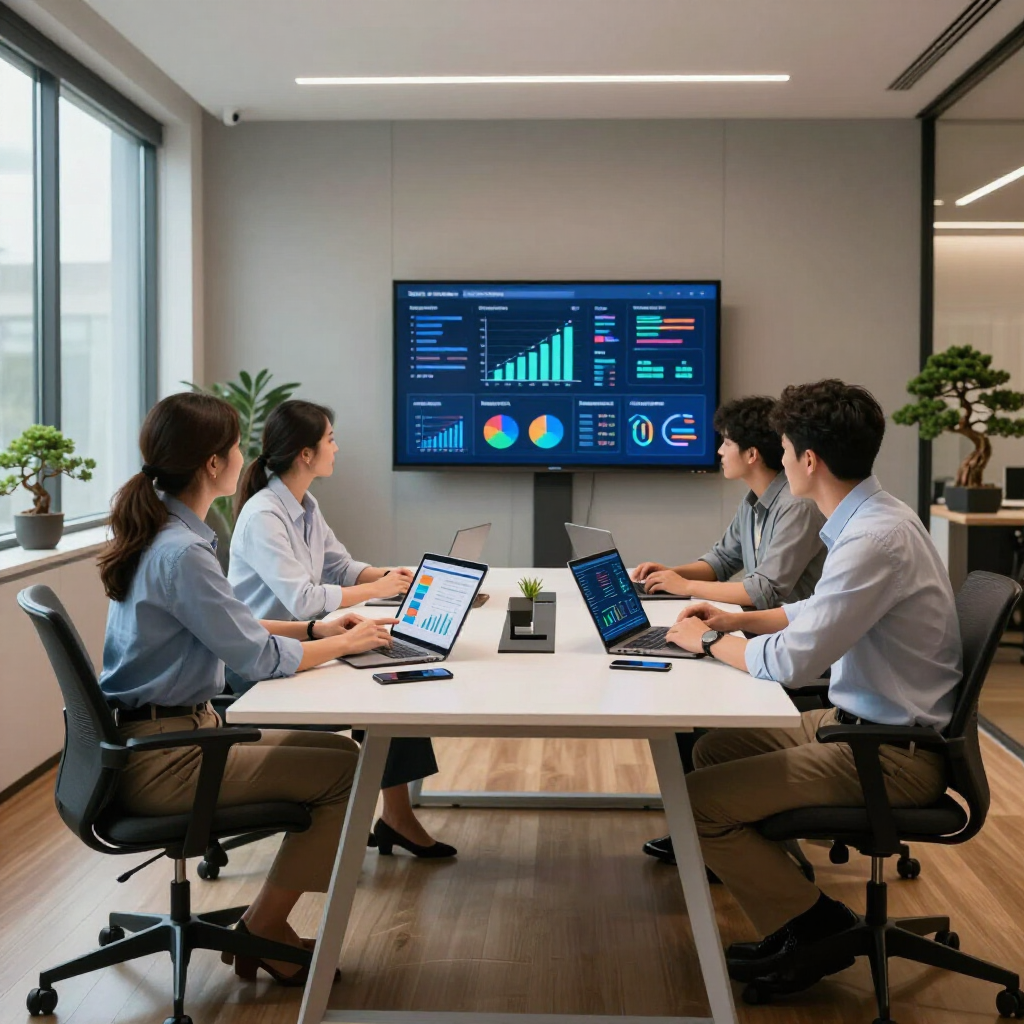 Four coworkers stand in an office, chatting and holding papers during a discussion.
