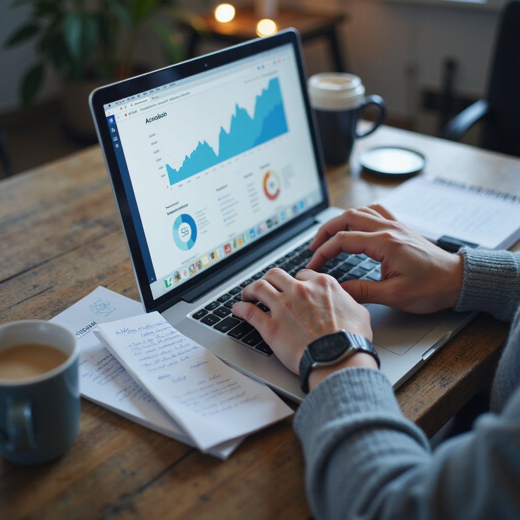Person typing on a laptop showing analytics charts at a wooden desk with coffee and notes