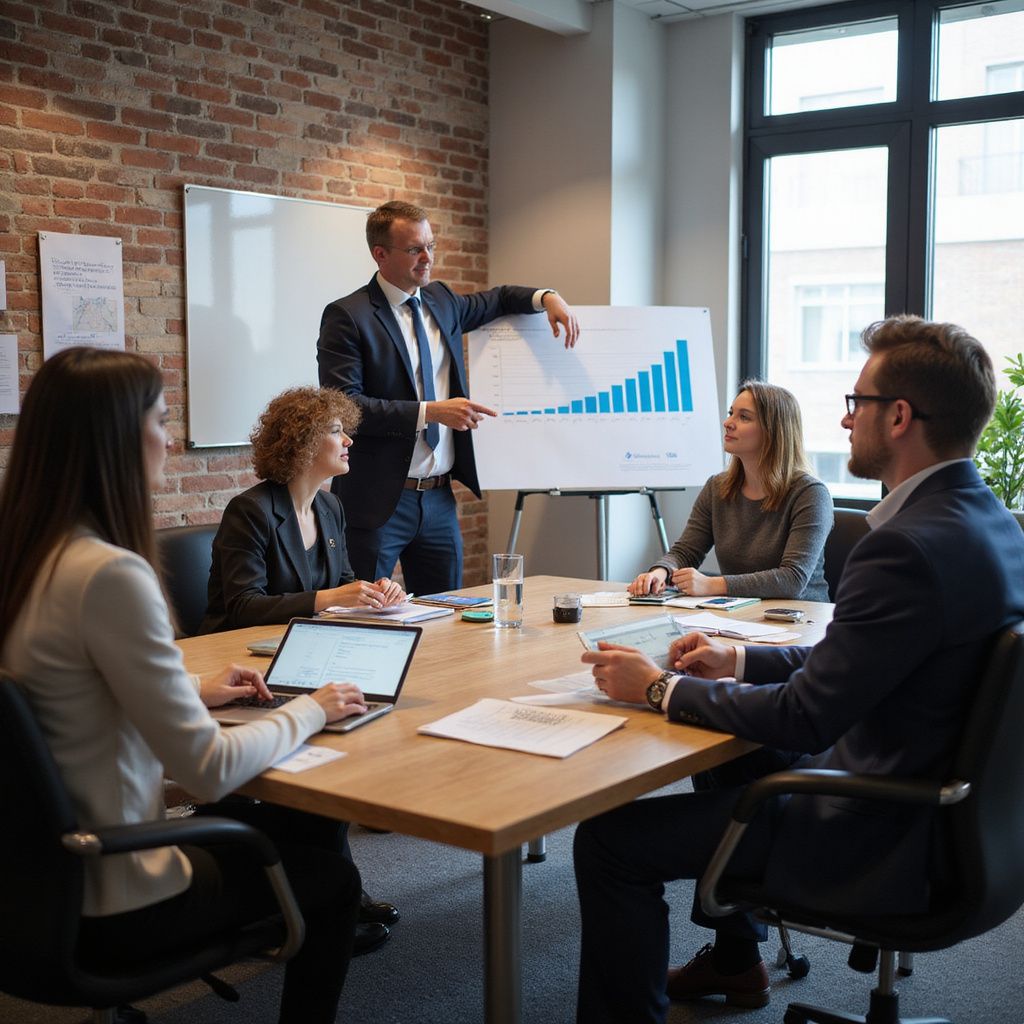 Business meeting in a conference room, with a presenter pointing at a rising bar chart on a screen.
