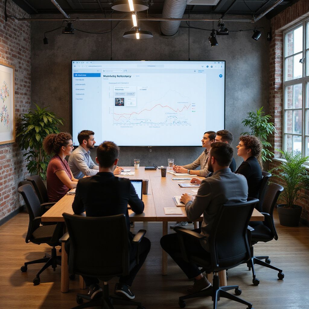 Team meeting in a modern office, with people seated around a table facing a large presentation screen.