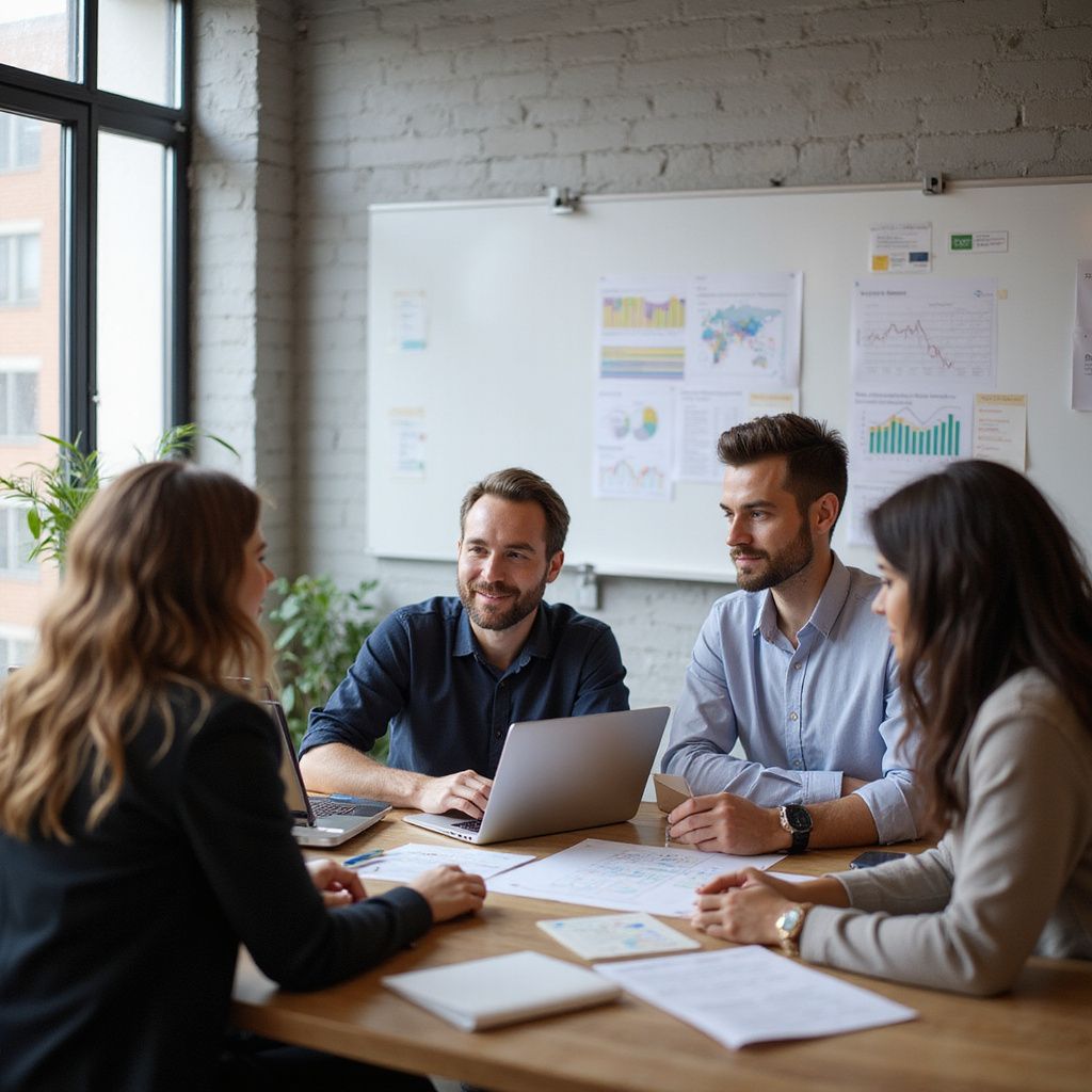 Four coworkers discussing papers and a laptop around a table in a bright office meeting room