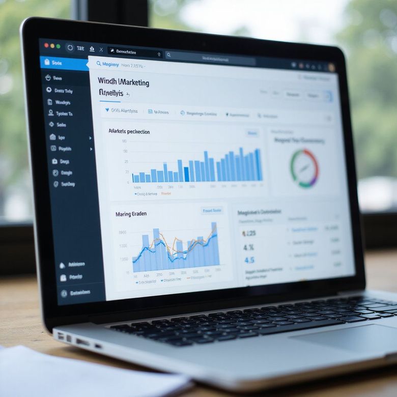 Laptop displaying a business analytics dashboard with blue charts and a gauge on the screen.