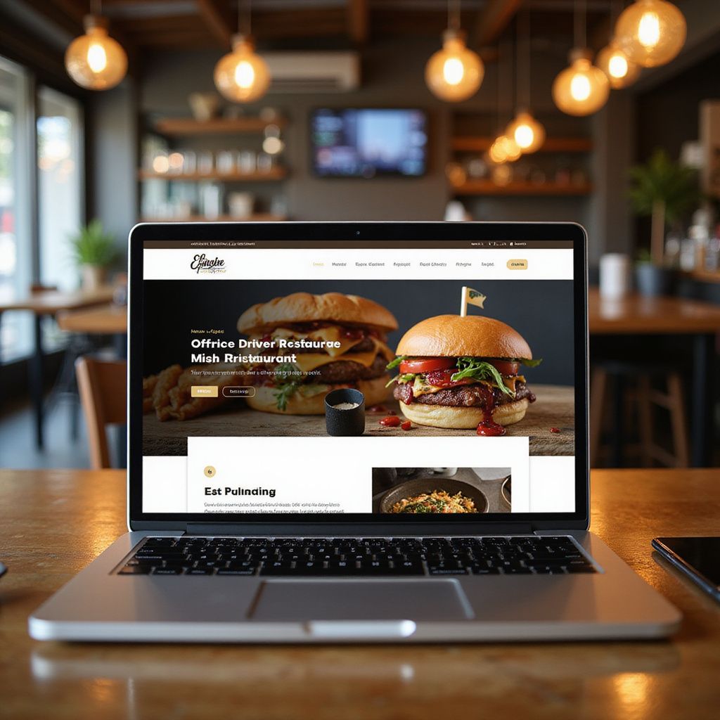 Laptop displaying a burger restaurant website on a table in a cozy café with warm hanging lights