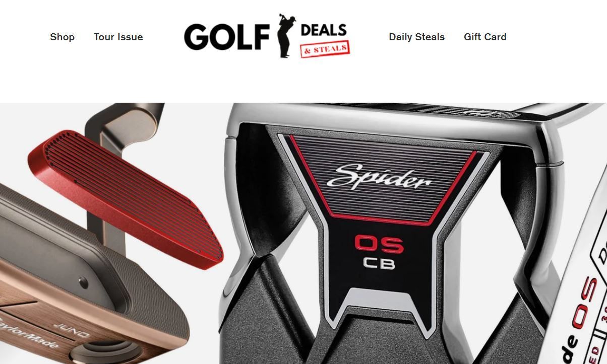 Golf deals ad showing three TaylorMade Spider GT putters in red, black, and silver/bronze.