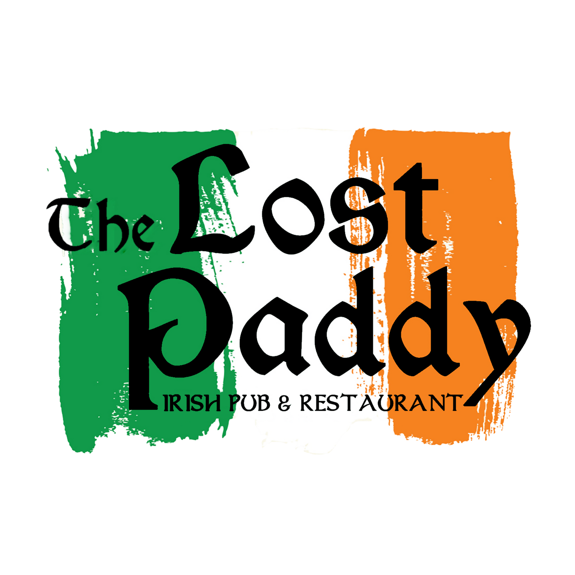 The Lost Paddy Irish pub and restaurant logo in black, green, and orange