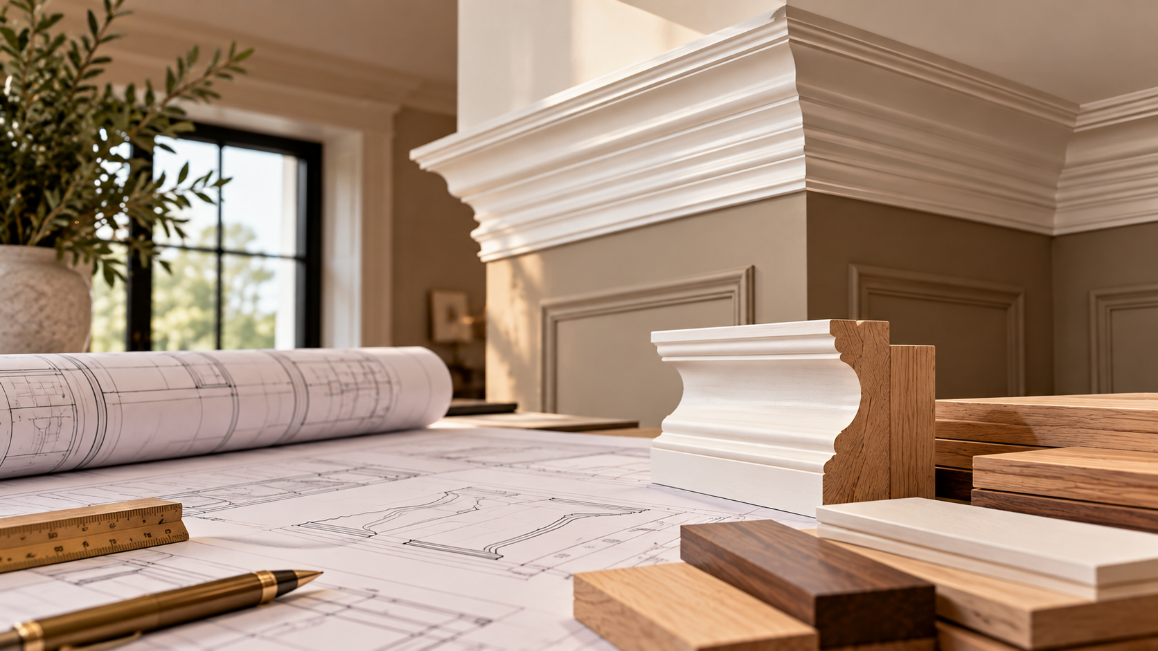 Architectural model materials and blueprints on a drafting table in a bright room