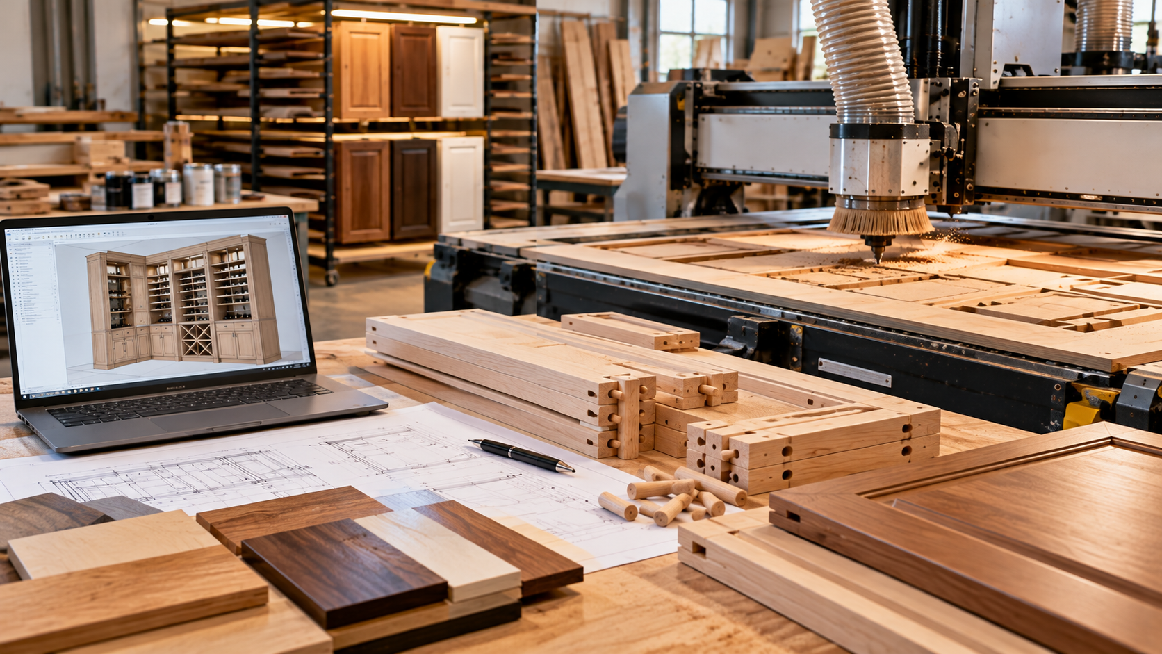 Woodworking workshop with CNC machines, stacked lumber, and wood samples on tables