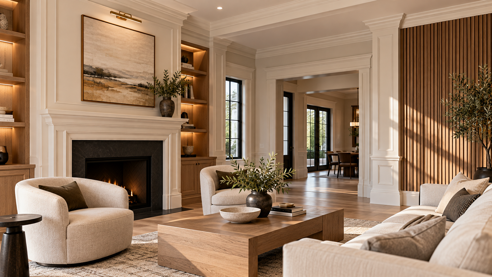 Bright modern living room with beige sofas, fireplace, large mirror, and sunlit windows