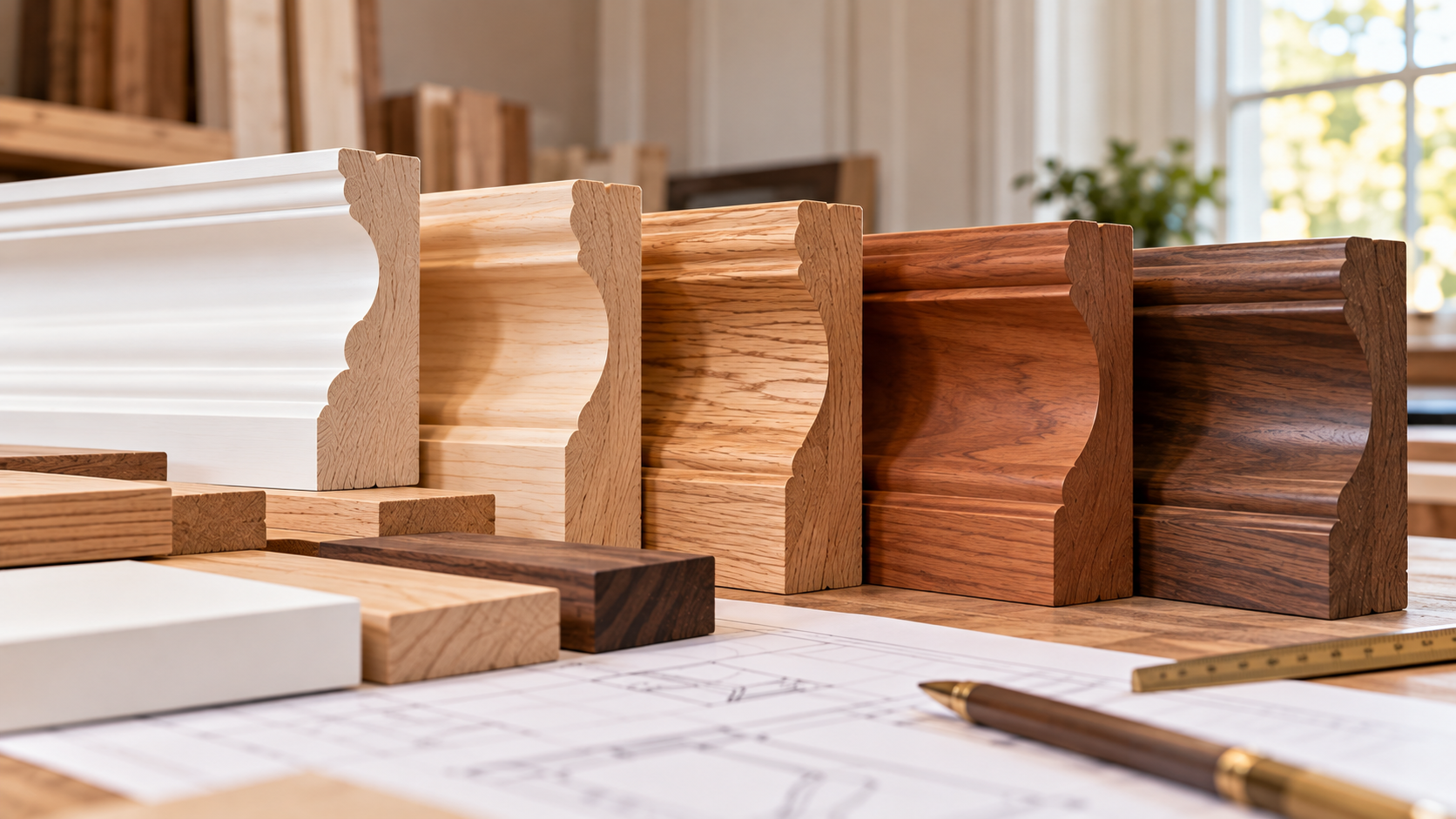 Wood moldings and sample blocks in white and natural wood tones on a desk with sketches and tools