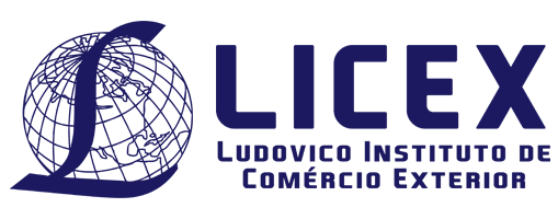 Logo Licex é azul escuro com um globo com L sobreposto