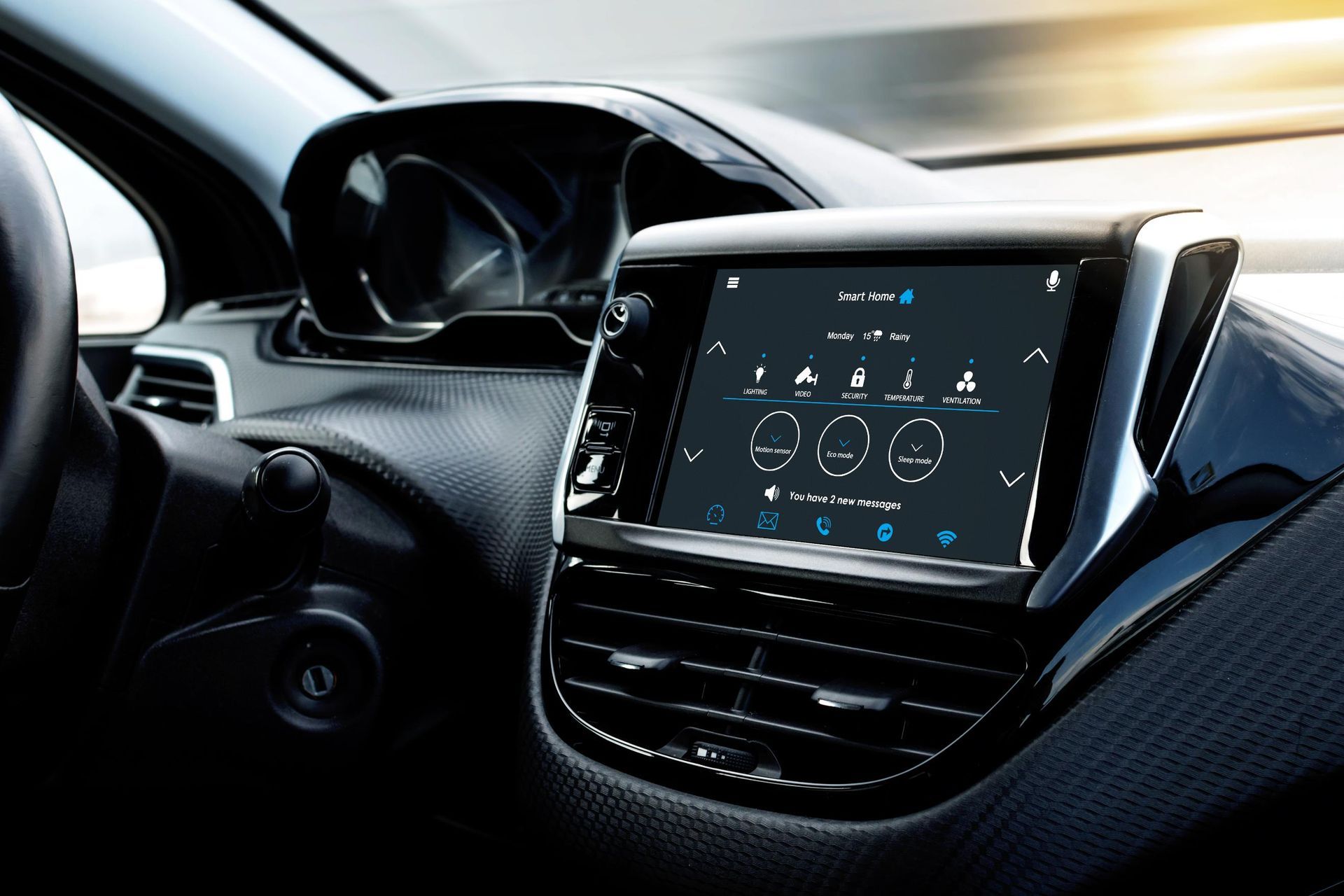 Car dashboard with a digital infotainment screen and glossy black trim, seen from the driver’s seat