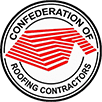 The logo for the confederation of roofing contractors is a red and white striped roof.