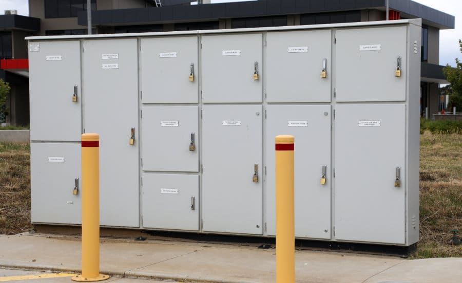 Row of Lockers Are Lined Up Next to Yellow Poles — KeyBay in Mittagong, NSW