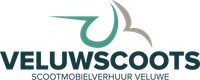 Veluwscoots logo with teal and gray scooter icon and subtitle &ldquo;Scootmobielverhuur Veluwe&rdquo;