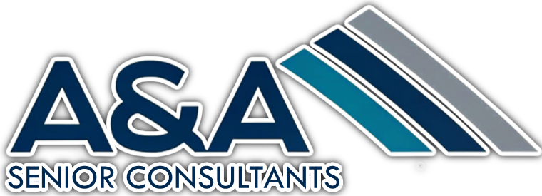A&A Senior Consultants logo in blue and gray with stylized diagonal stripes