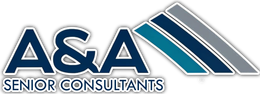A&A Senior Consultants logo in blue and gray with stylized diagonal stripes