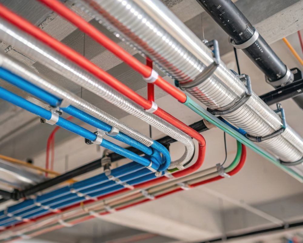Color-coded electrical conduits and metal ducts running along an industrial ceiling