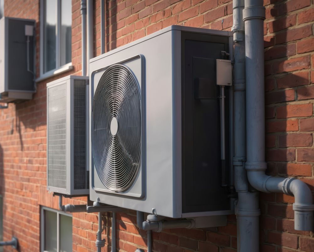 Outdoor air conditioning unit mounted on a brick wall with visible ducting and piping