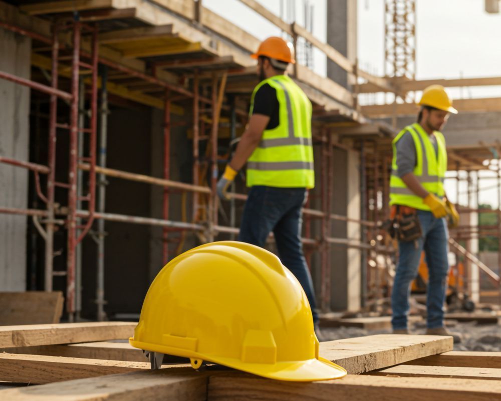 Yellow hard hat on wood planks at a construction site, with two workers in safety vests in the background