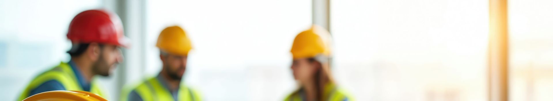 Three construction workers in hard hats standing together outdoors, one in red and two in yellow.