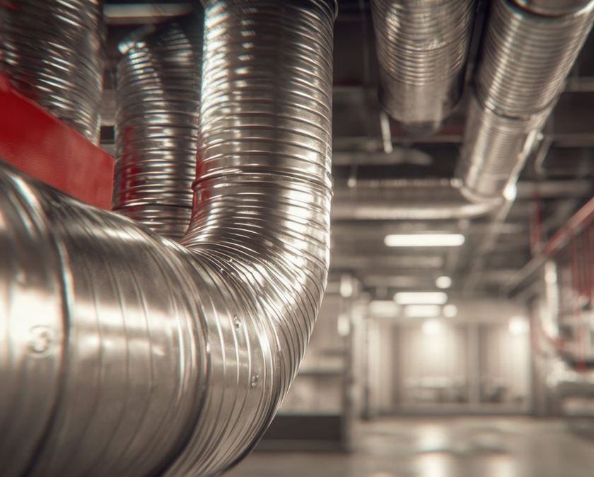 Shiny metal HVAC ductwork in an industrial interior with red walls and blurred lights