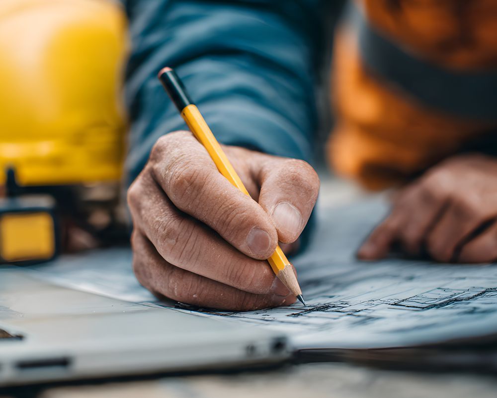 Hands drafting plans with a yellow pencil on paper at a worktable, with a hard hat nearby.