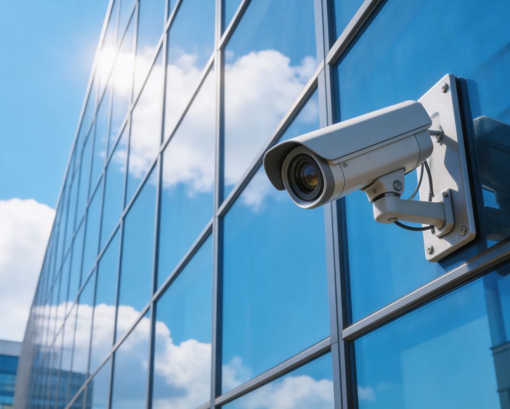 Security camera mounted on a blue glass office building under a bright sky