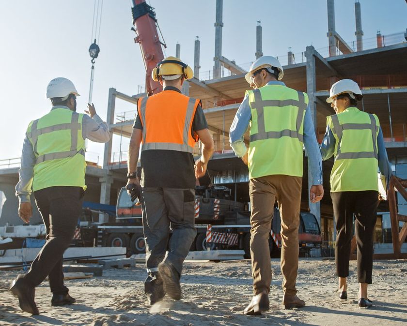 Construction workers in safety vests and hard hats walking at a building site
