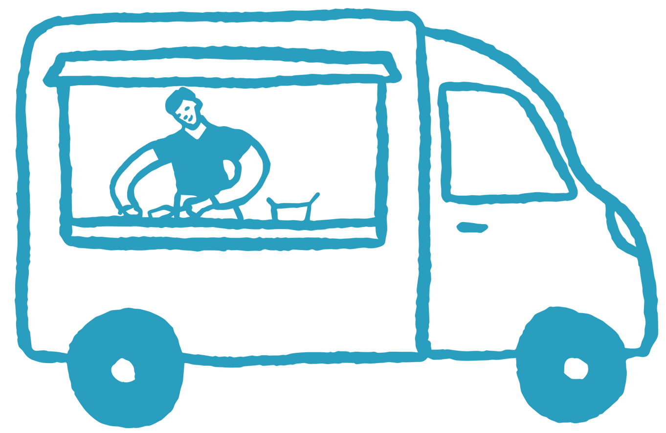 Blue food truck with person preparing food at the window.