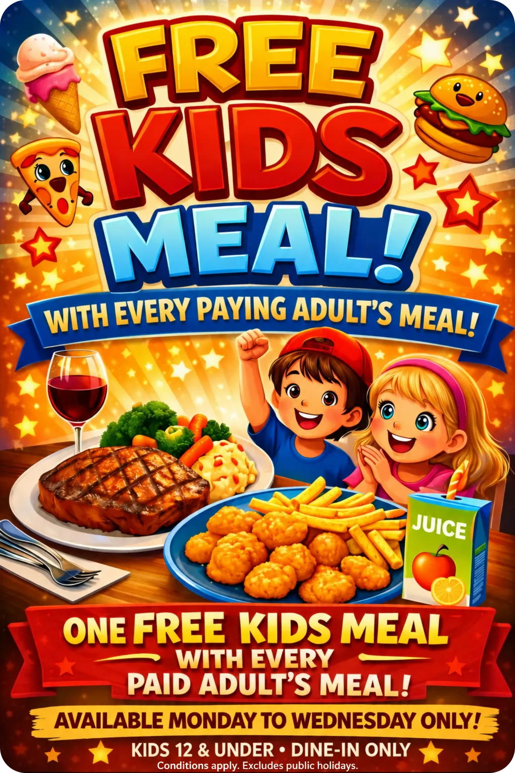 Kids Eat Free Poster — Bluewater Diner in Bluewater, QLD