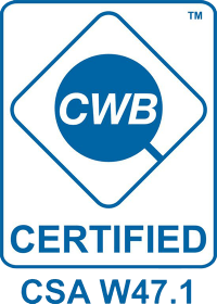 A blue and white logo that says cwb certified csa w47.1