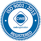 A blue and white iso 9001 2015 registered seal.