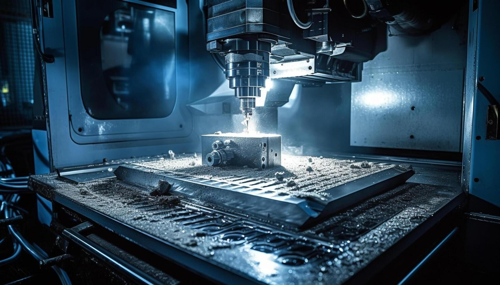 A machine is cutting a piece of metal on a table.