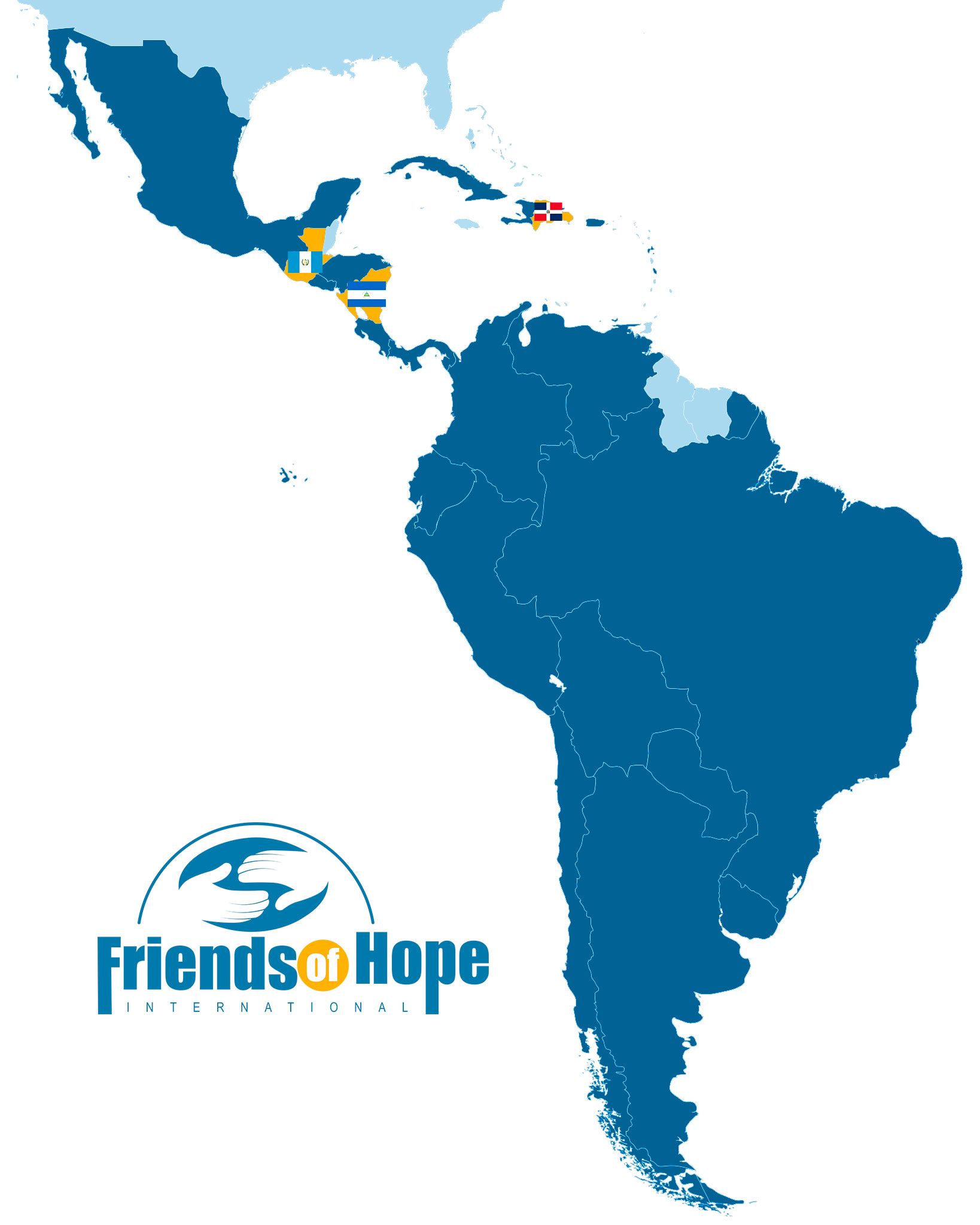 A map of latin america with the words friends of hope on it