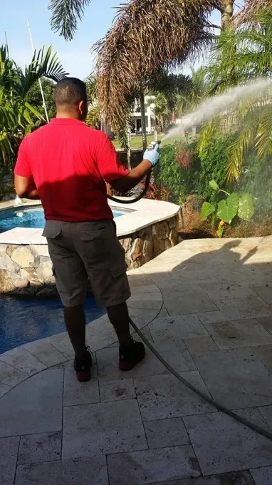 A person wearing a red shirt and gray shorts sprays water from a hose toward trees next to a swimming pool.
