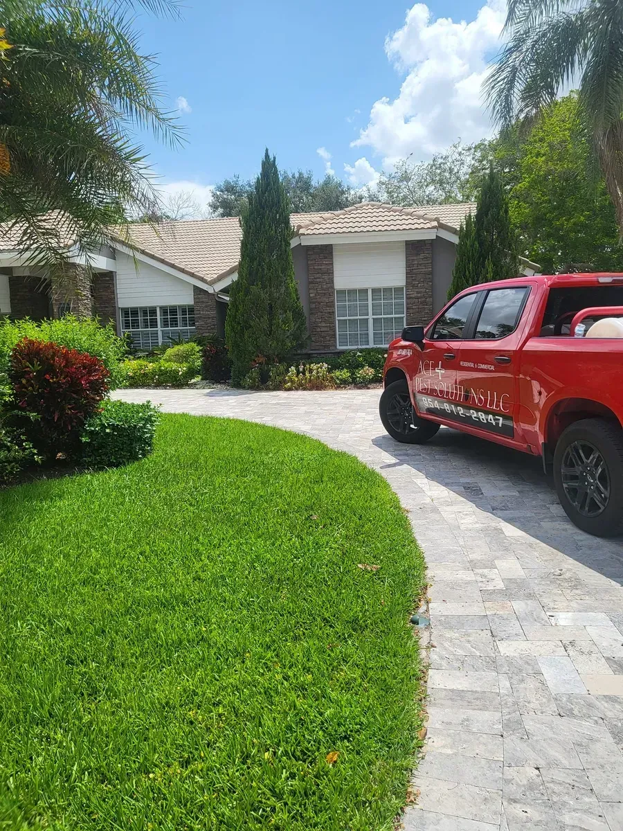 A red pickup truck is parked in the driveway of a single-story suburban house with a paved driveway and green lawn.