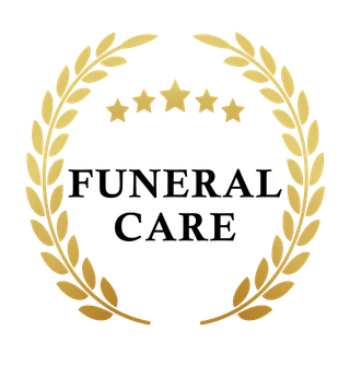 Gold laurel wreath logo with stars around the words “FUNERAL CARE”