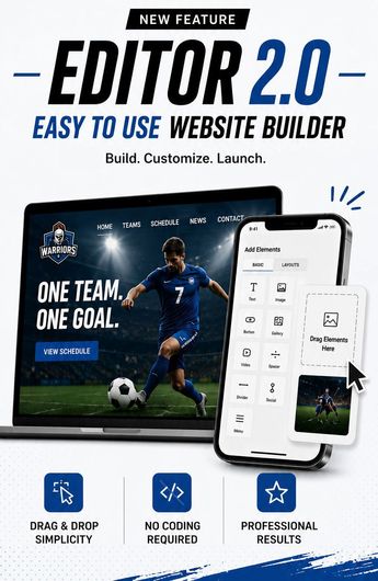 Promotional graphic for Editor 2.0 website builder, with soccer-themed mockup and phone interface.